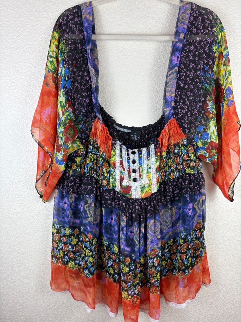 Boho Sz XL Fairycore Whimsigoth Sheer Mesh Smocked Bust Babydoll Blouse